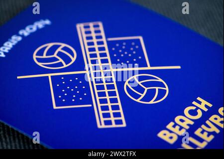 Beach volleyball pictogram for paris 2024 summer olympics. Official icon of sport at olympics game in Paris 24 Stock Photo