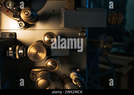 Vintage movie camera with film charged on reels. High quality photo Stock Photo