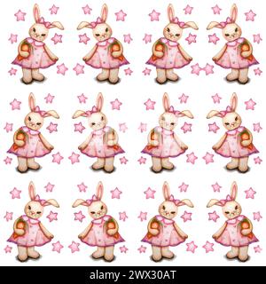 Watercolor hand drawn cute bunny girl in pink dress seamless pattern on a pink background, design rabbit background, children print textile desi Stock Photo