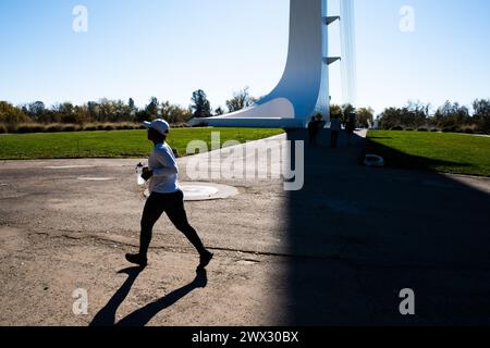 The Sundial Bridge at Turtle Bay is a world-famous pedestrian bridge and public art installation over the Sacramento River in Redding, California, USA Stock Photo