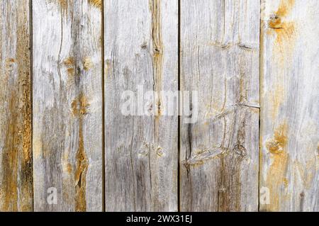 Close-up of aged wooden planks, showing natural grain, knots, and signs of weathering. Stock Photo