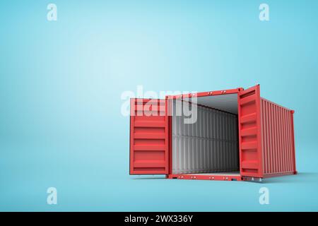 3d rendering of open empty red barge container with white insides on blue background. Stock Photo
