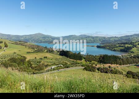 Part of the scenic Banks Peninsula, southeast of Christchurch, New Zealand. Stock Photo