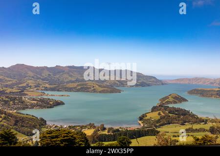 Part of the scenic Banks Peninsula, southeast of Christchurch, New Zealand. Stock Photo