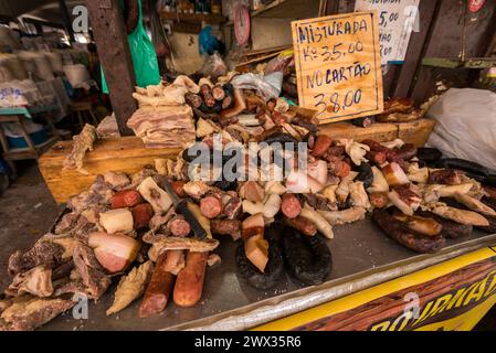 Mix of Processed Meat Products at Ver o Peso Market in Belem City Stock Photo