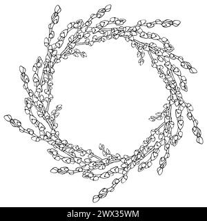 Easter catkins spring wreath. Willow ink hand drawn branch for design of card, invitations, coloring book, scrapbook. Vector isolate on white backgrou Stock Vector