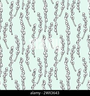 Easter catkins spring branch seamless pattern Willow ink hand drawn branch for design of textile, fabric, scrapbook., wallpaper. Vector background in Stock Vector