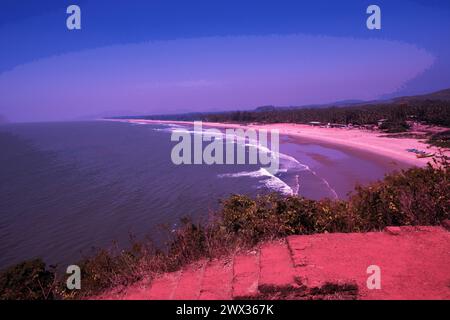 Drone point of view in karnataka on amazing beach (maybe Gokarna  or town in kerala or Goa) . Fishing boats on coast (beach). Filtered. Stock Photo