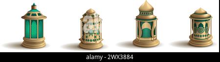 3D Realistic Arabic Gold Vintage Lantern Set Vector Illustration Stock Vector