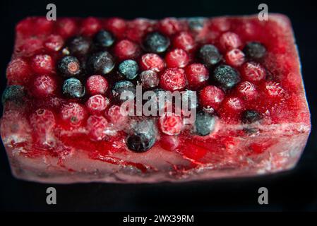Mixed red and black berries frozen in an ice block against a black background. Stock Photo