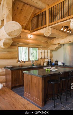 Island with dark grey granite countertop and black stained wooden bar ...