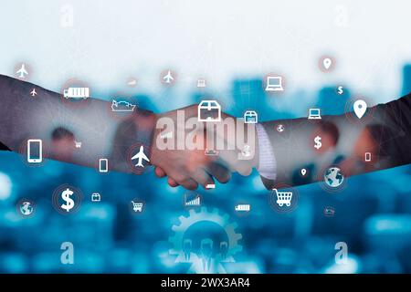 Group of multinational people closing global deals, digital technology concept. Wide angle visual for banners or ads. Stock Photo