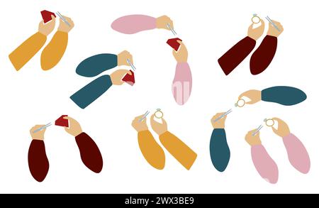 Set of Flat Hands with Gemstones and Rings. Vector Gestures in different positions. Cartoon Jeweler hand Showing, holding and representing Jewelry. Gr Stock Vector