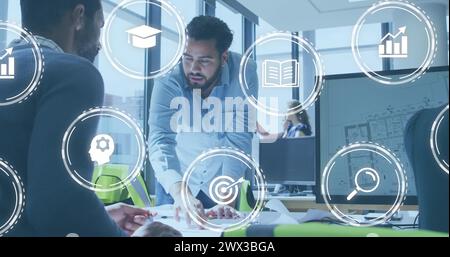 Image of icon in circles over diverse architects discussing about floor plan on blueprint. Digital composite, multiple exposure, report, business, glo Stock Photo