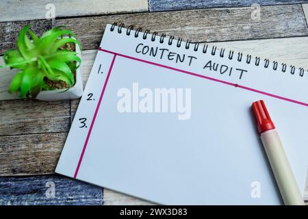Concept of Content Audit write on book and Supported by an additional services isolated on Wooden Table. Stock Photo