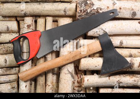 Saw with colorful handle and axe on firewood, flat lay Stock Photo