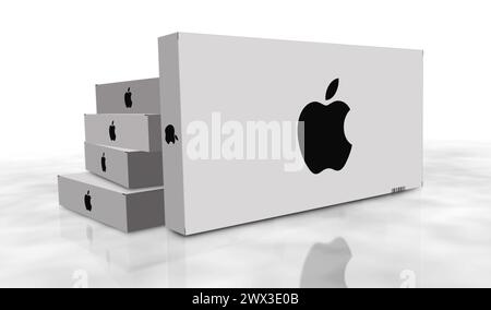 Poznan, Poland, March 27, 2024: Apple product production line. Technology company. Cardboard pack factory. Abstract concept 3d illustration. Stock Photo