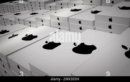 Poznan, Poland, March 27, 2024: Apple product production line. Technology company. Cardboard pack factory. Abstract concept 3d illustration. Stock Photo