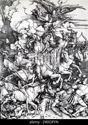 Albrecht Dürer's 'The Four Horsemen of the Apocalypse' (circa 1498), part of his Apocalypse series, is housed in the Metropolitan Museum of Art, New York. This woodcut depicts the dramatic biblical scene from the Book of Revelation, featuring the horsemen representing Conquest, War, Famine, and Death. Dürer's work is celebrated for its dynamic composition, intricate detail, and symbolic depth, showcasing his mastery of the woodcut medium and his influence on Northern Renaissance art. Stock Photo