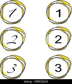 Vector symbol sheet: round boxes (bullets) bordered in yellow and black, each with the numbers 1, 2 or 3, Germany Stock Vector