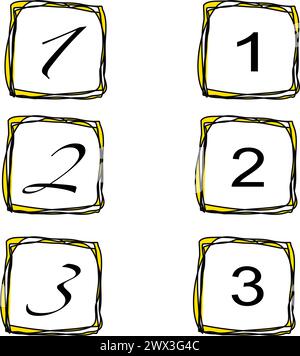 Vector symbol sheet: square boxes (bullets) with yellow and black borders, each with the numbers 1, 2 or 3, eps, germany Stock Vector
