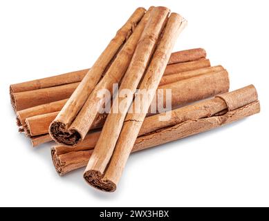 Cinnamon spice -dried bark strips isolated on white background. Stock Photo