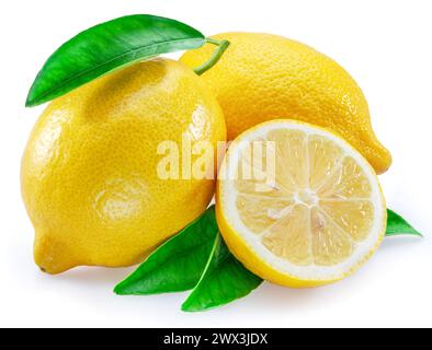 Ripe lemon fruits with leaves isolated on white background. Stock Photo