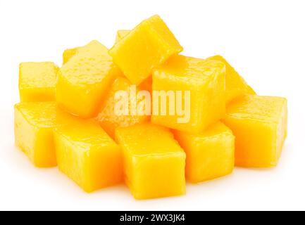 Mango fruit cubes isolated on white background. Stock Photo