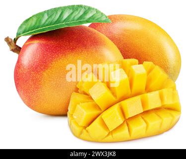 Mango fruits with green leaf and mango cut in hedgehog style isolated on white background. Stock Photo