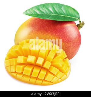 Mango fruit with green leaf and mango cut in hedgehog style isolated on white background. Stock Photo
