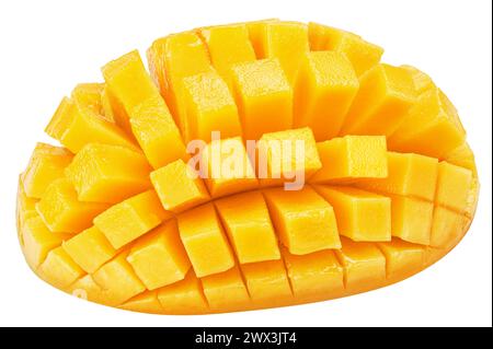 Half of mango fruit cut in hedgehog style on white background. File contains clipping path. Stock Photo