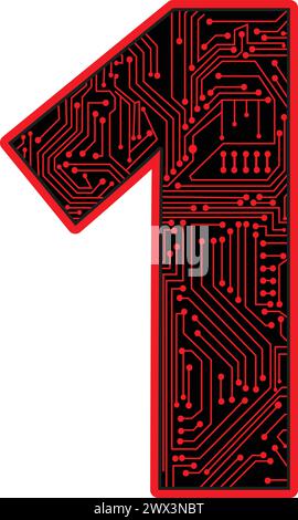 number 1 Circuit Board design on White Background, circuit board design in 1 shape Stock Vector