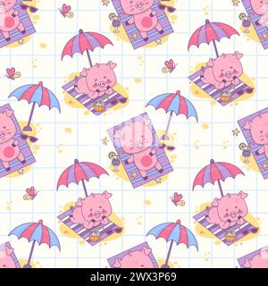 Seamless pattern with sunbathing pigs under sun umbrella beach holiday on white checkered background. Cute funny kawaii animal character. Vector illus Stock Vector