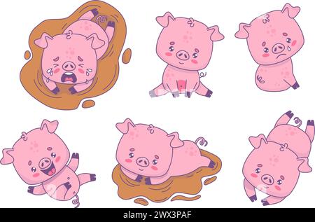 Cute pig collection. Smiling, happy and unhappy crying piggy in dirty puddle of water. Isolated funny cartoon kawaii animal character. Vector illustra Stock Vector