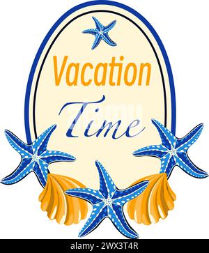 Vacation time card with starfish and seashell vector illustration Stock Vector