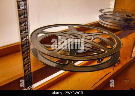 Real 35 mm film projector tape in the old studio Stock Photo