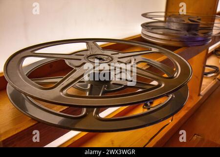 Real 35 mm film projector tape in the old studio Stock Photo