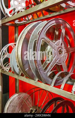 Real 35 mm film projector tape in the old studio Stock Photo