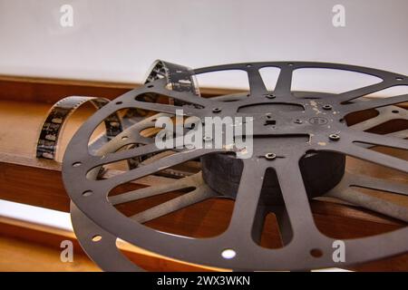 Real 35 mm film projector tape in the old studio Stock Photo