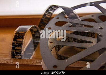 Real 35 mm film projector tape in the old studio Stock Photo