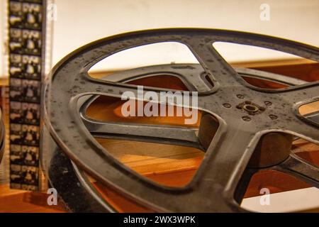 Real 35 mm film projector tape in the old studio Stock Photo