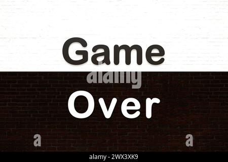 Game Over. Game Over. Letters against a white and black brick wall. Leisure games, finishing, end, final game. 3D illustration text wall K026 game ove Stock Photo