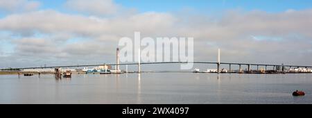 DARTFORD, KENT, UK - JUNE 26, 2011:  Panorama view of the Queen Elizabeth II Bridge over the River Thames as seen from Greenhithe Stock Photo