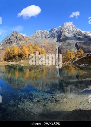 Lac Bleu of Arolla lake in Canton Valais in colorful autumn season with reflection of Dent de Veisivi and Dent di Perroc peaks. Stock Photo