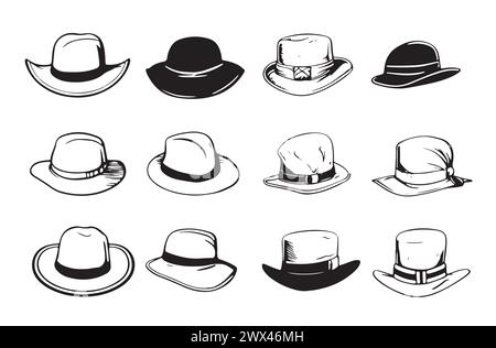 Vintage collection of vintage inking Hats sketch.Vector illustration.Doodle style Stock Vector