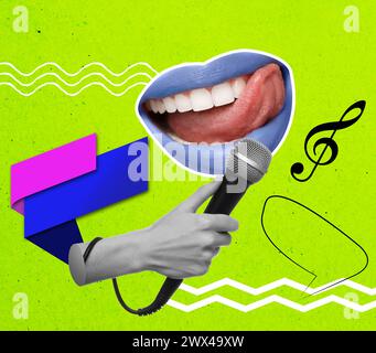 Stylish singer's performance poster. Creative collage lips and microphone on bright background Stock Photo