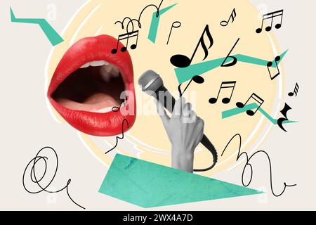 Stylish singer's performance poster. Creative collage lips and microphone on bright background Stock Photo