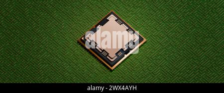 AMD Ryzen 9 AM5 on top of a maze of green board circuits with copper wires, orthographic view, 3D rendering banner, poster cover design, dark grainy Stock Photo