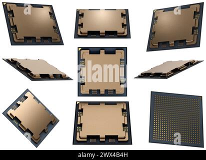 Set of modern central computer processors CPU illustrations concept, unit isolated on white. 3d rendering, concept image, digital chip. Stock Photo