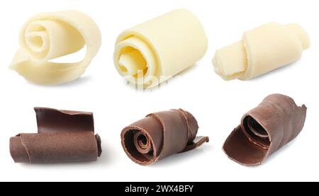 Tasty chocolate curls isolated on white, set Stock Photo